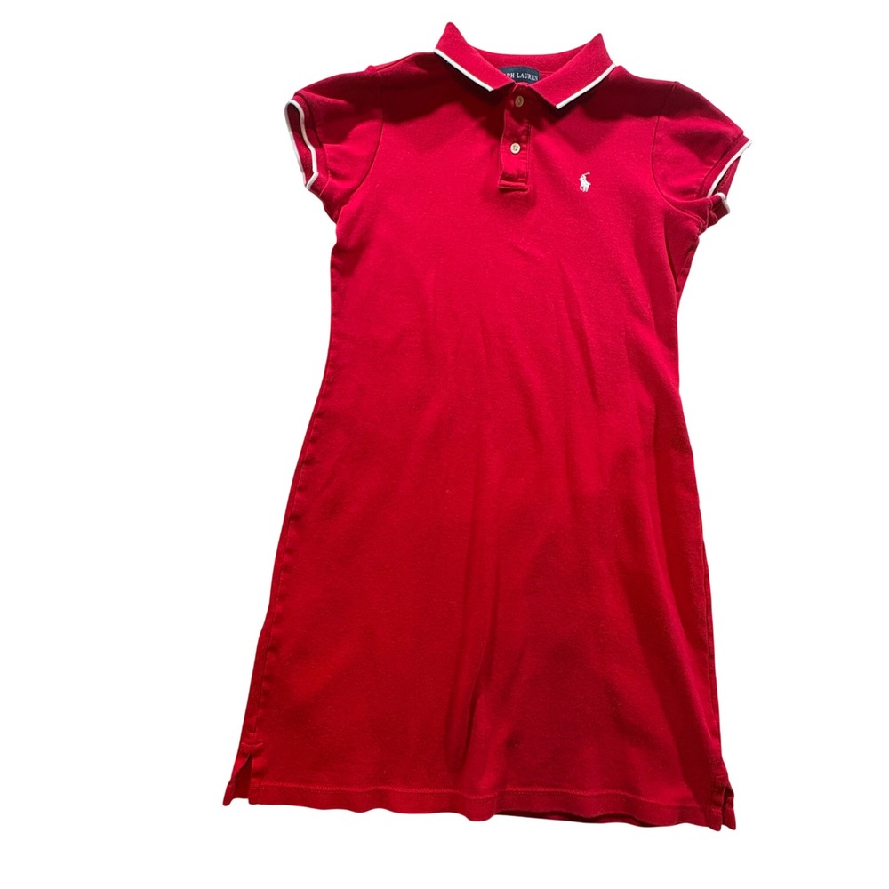 Ralph Lauren Polo Dress Girls Large Red Cotton Short Sleeve Tipped Collar Pony